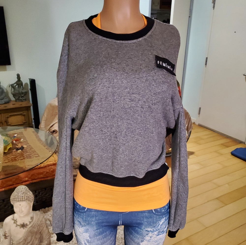 Frankie Feminin Cropped Crewneck, Side Zip, Gray Sweatshirt